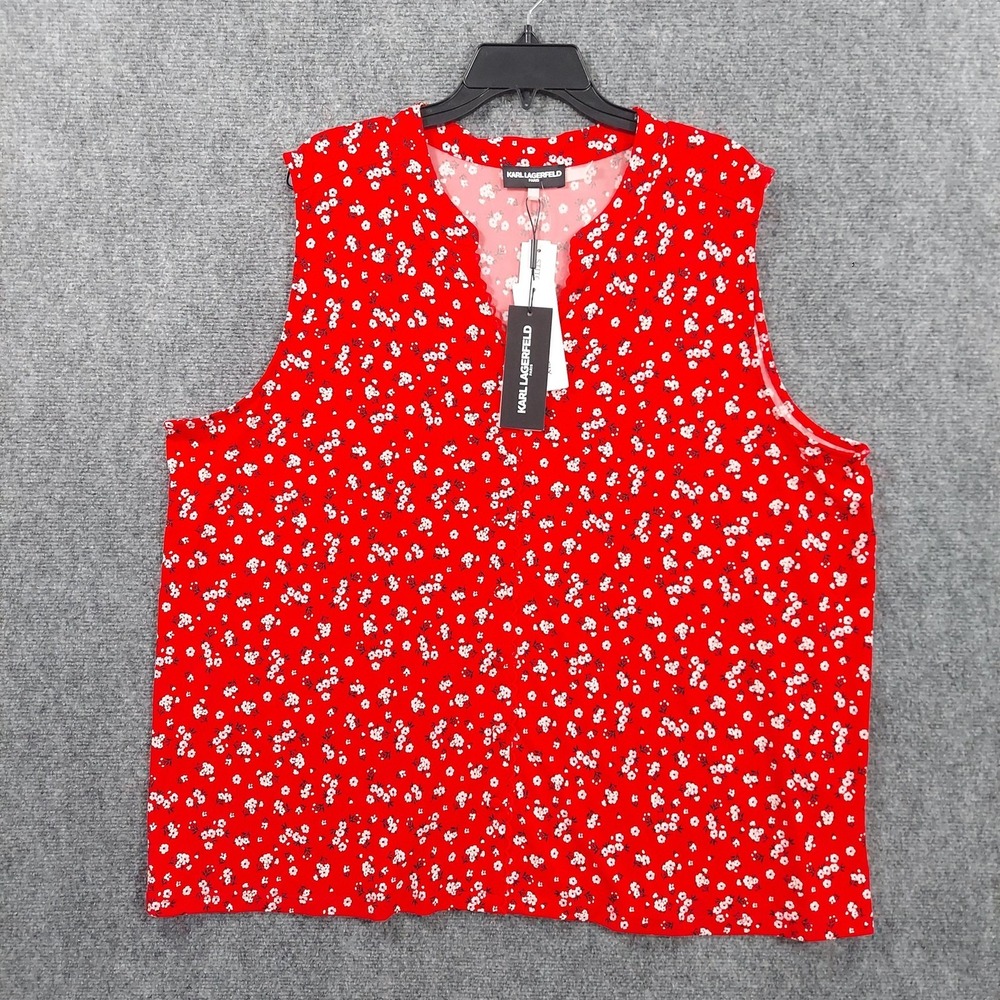 Karl Lagerfeld Paris Blouse Womens 2X Red Floral Sleeveless V Neck Tank Top